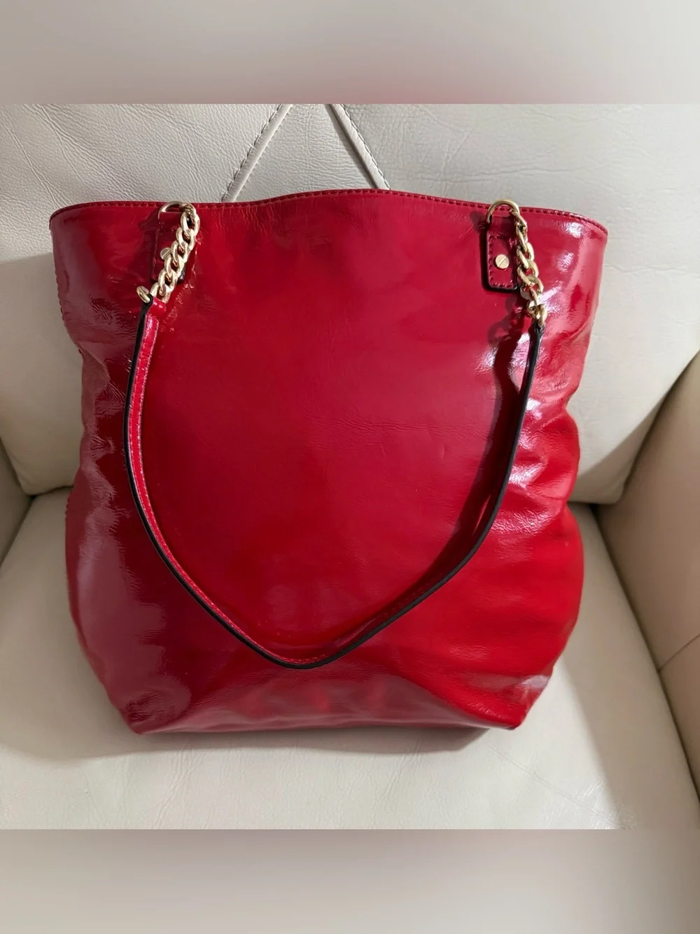 Michael Kors Shiny Red Patent Leather Tote with Gold Chain Handles